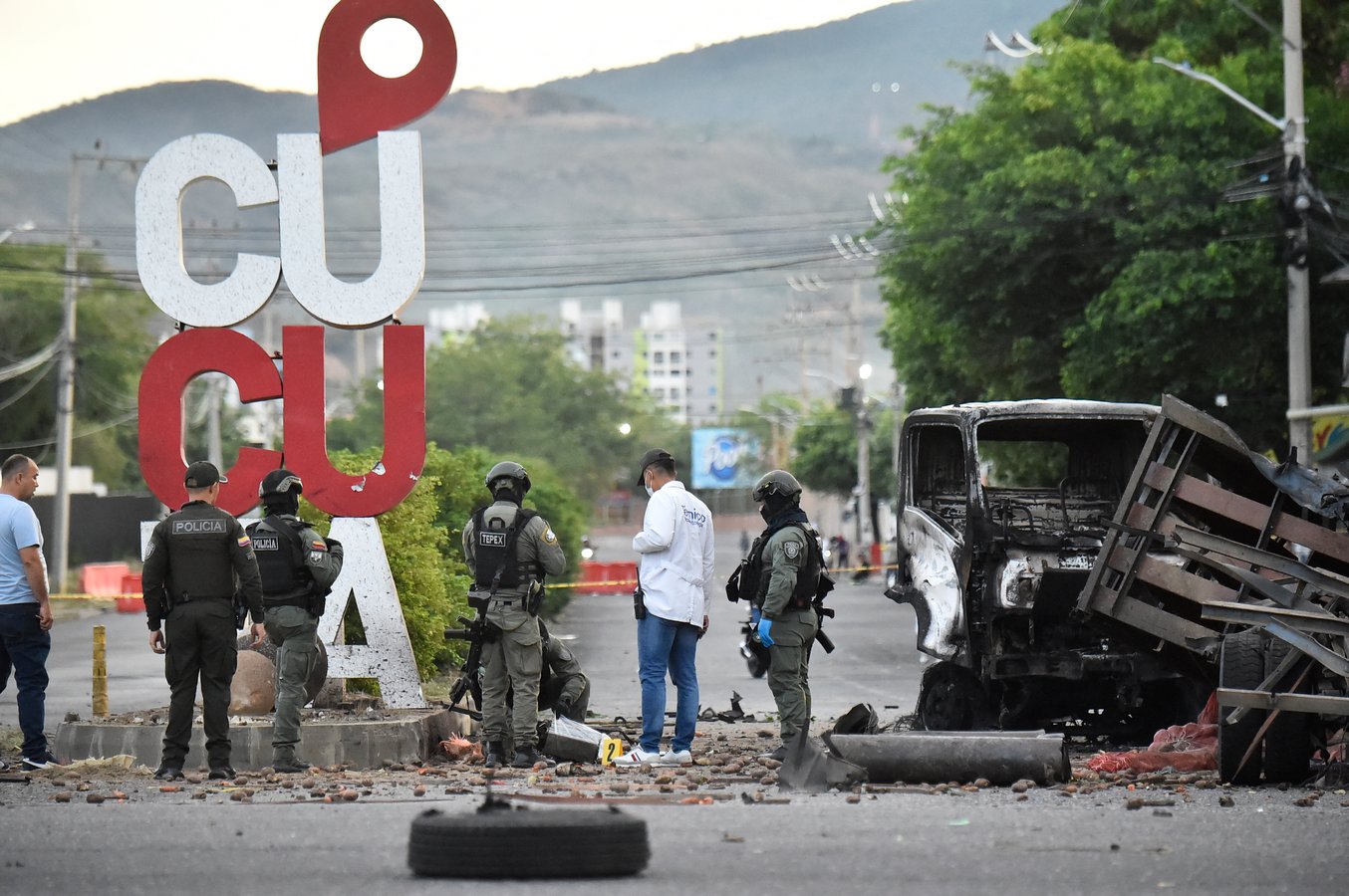 Car bomb damage at police checkpoint in Cucuta Colombia August 2026