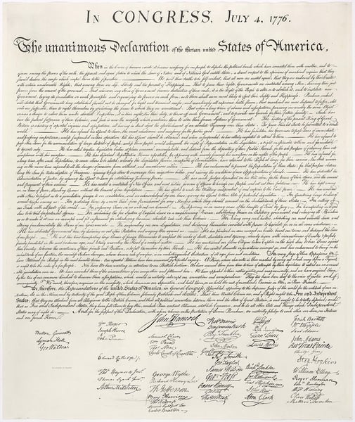 The engrossed Declaration of Independence, drafted by Thomas Jefferson in June 1776 and edited by the Continental Congress