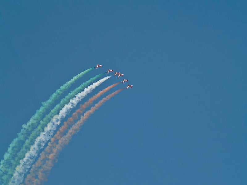 The Indian Air Force Surya Kiran aerobatic team in formation at Aero India in Bengaluru
