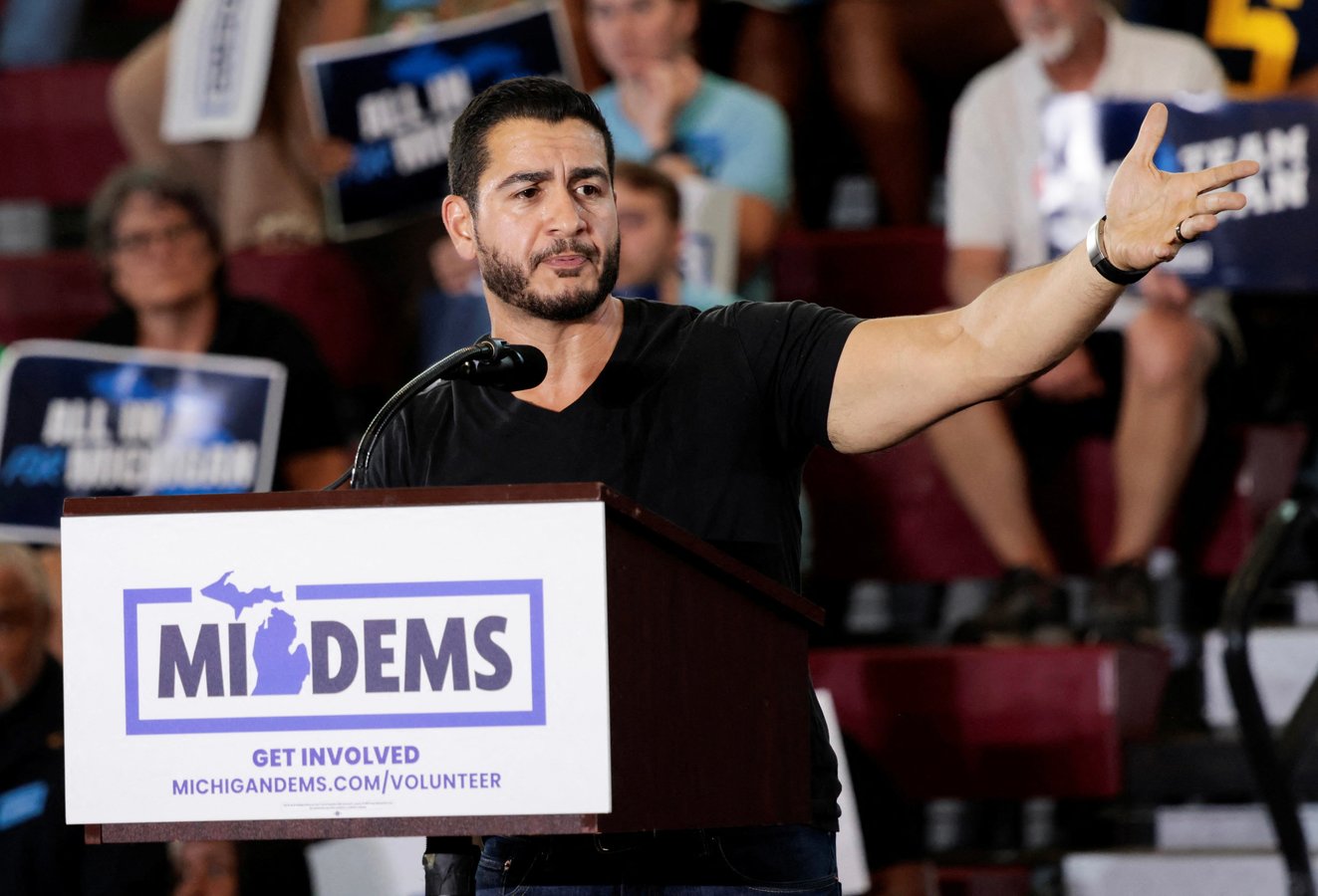 Abdul El-Sayed speaks at a Democratic rally in Detroit following his Michigan Senate primary victory