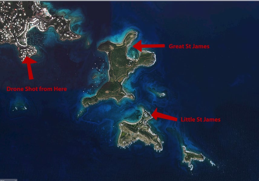 Aerial view of the Saint James islands off Saint Thomas with Great Saint James and Little Saint James labelled