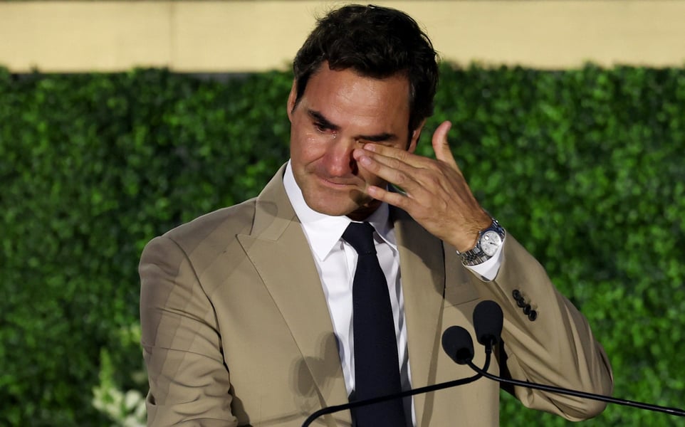 Roger Federer emotional during his Tennis Hall of Fame induction speech in Newport Rhode Island