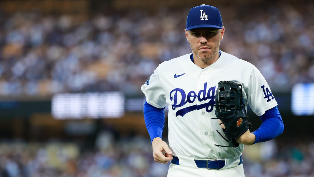 Freddie Freeman Los Angeles Dodgers first baseman moments after falling into Royals dugout at Dodger Stadium 2026