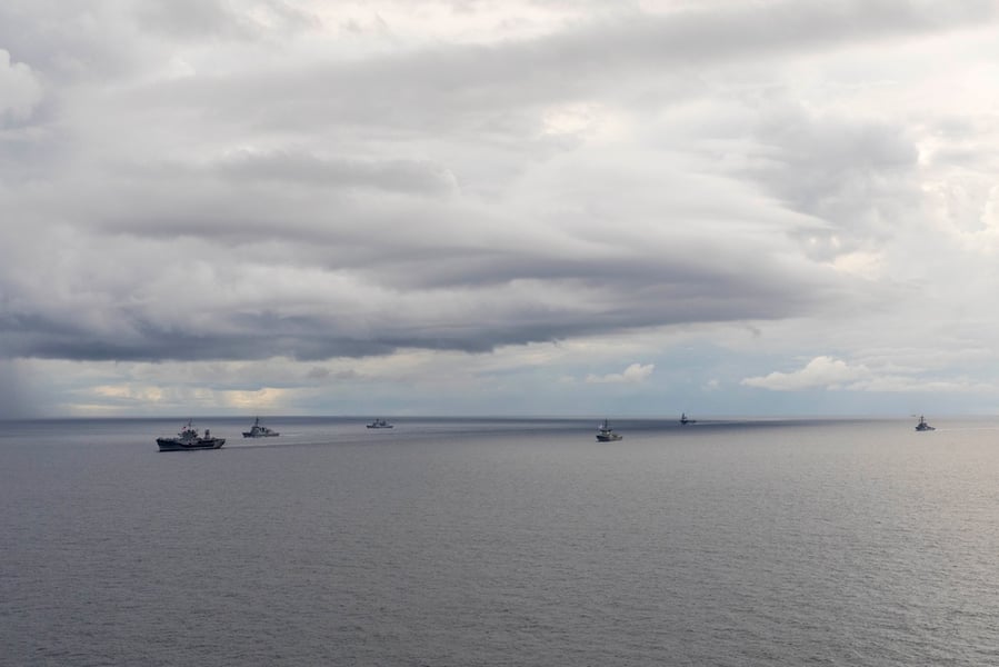 US, Japan and South Korea navy ships sailing in formation during Exercise Freedom Edge 25, September 2025