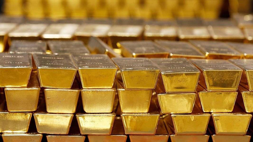 Gold bars stacked in a vault at the United States Mint in West Point, New York, as the gold price hits $4,600 an ounce