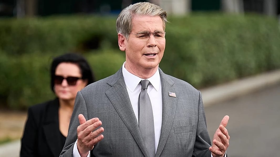 US Treasury Secretary Scott Bessent speaks to reporters outside the White House after doubling long-dated bond buybacks