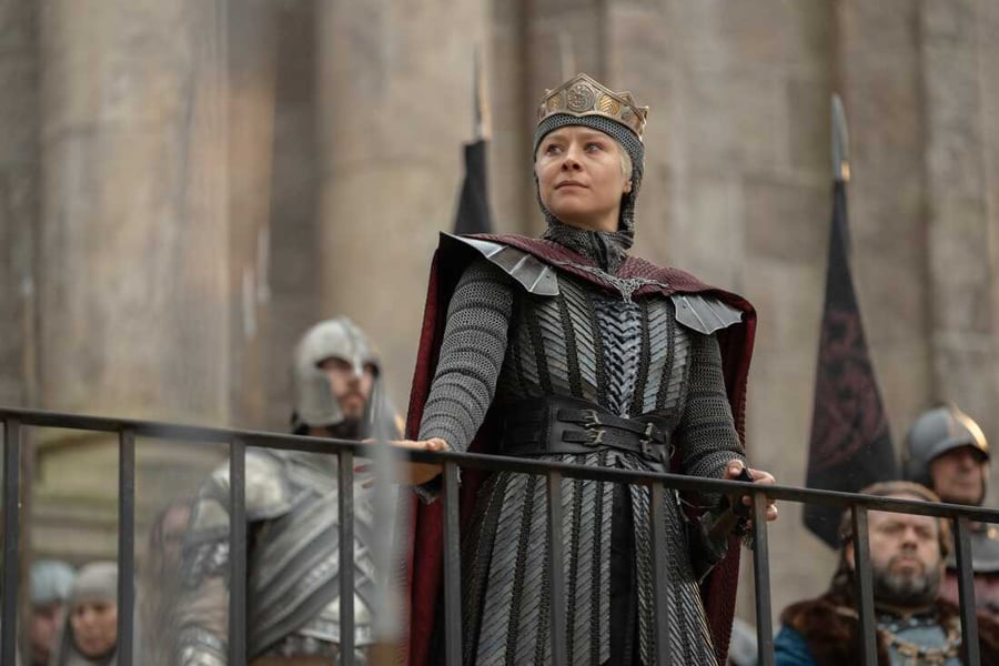 Emma d’Arcy as Queen Rhaenyra Targaryen reacting to the Battle of Tumbleton in House of the Dragon Season 3
