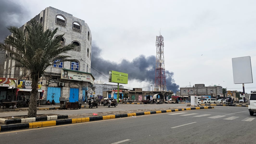 Smoke billowing from the Red Sea port city of Mocha during Houthi ballistic missile and drone strikes
