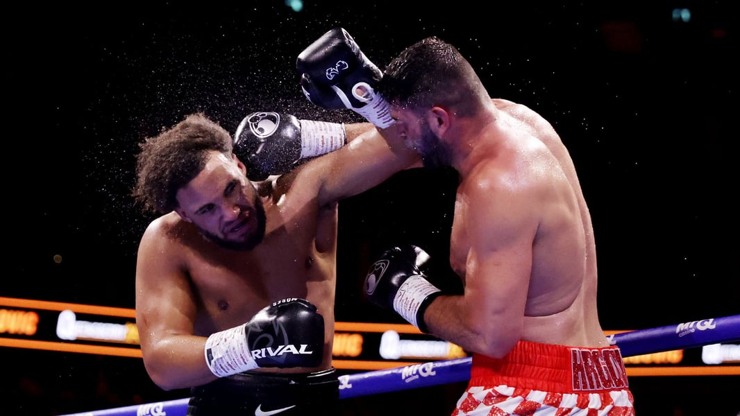 Moses Itauma and Filip Hrgovic exchange punches during the IBF Heavyweight Championship at The O2 London