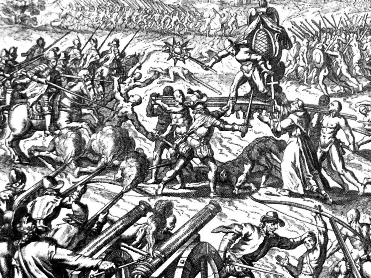 Historical illustration depicting an Inca-Spanish confrontation during the colonial period when European colonists brought smallpox to the Americas