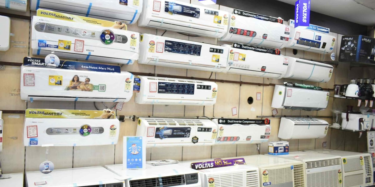 An air-conditioner retailer in New Delhi stocking Voltas, Blue Star, LG and Daikin units