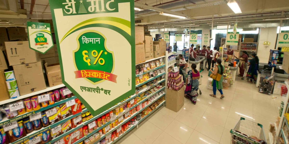 Shoppers inside a DMart retail store in India, the format behind Avenue Supermarts throughput density