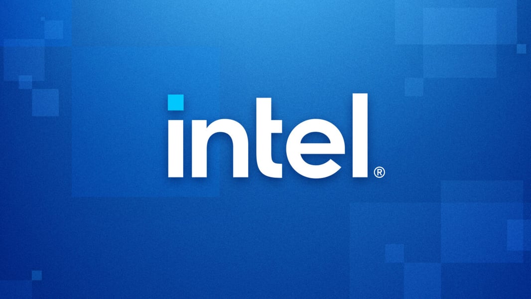 Intel logo on blue geometric background — Intel announces $15 billion common stock offering