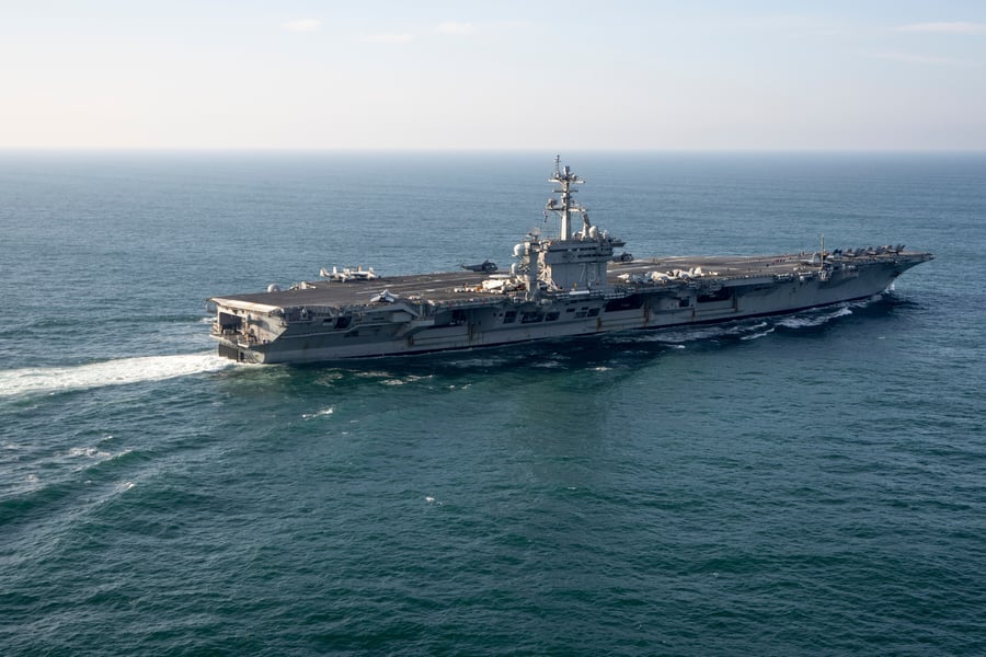 USS George Washington aircraft carrier at sea, redeployed from Yokosuka Japan to the Middle East for the Iran war