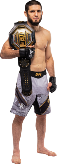 Islam Makhachev posing as UFC welterweight champion with the title belt