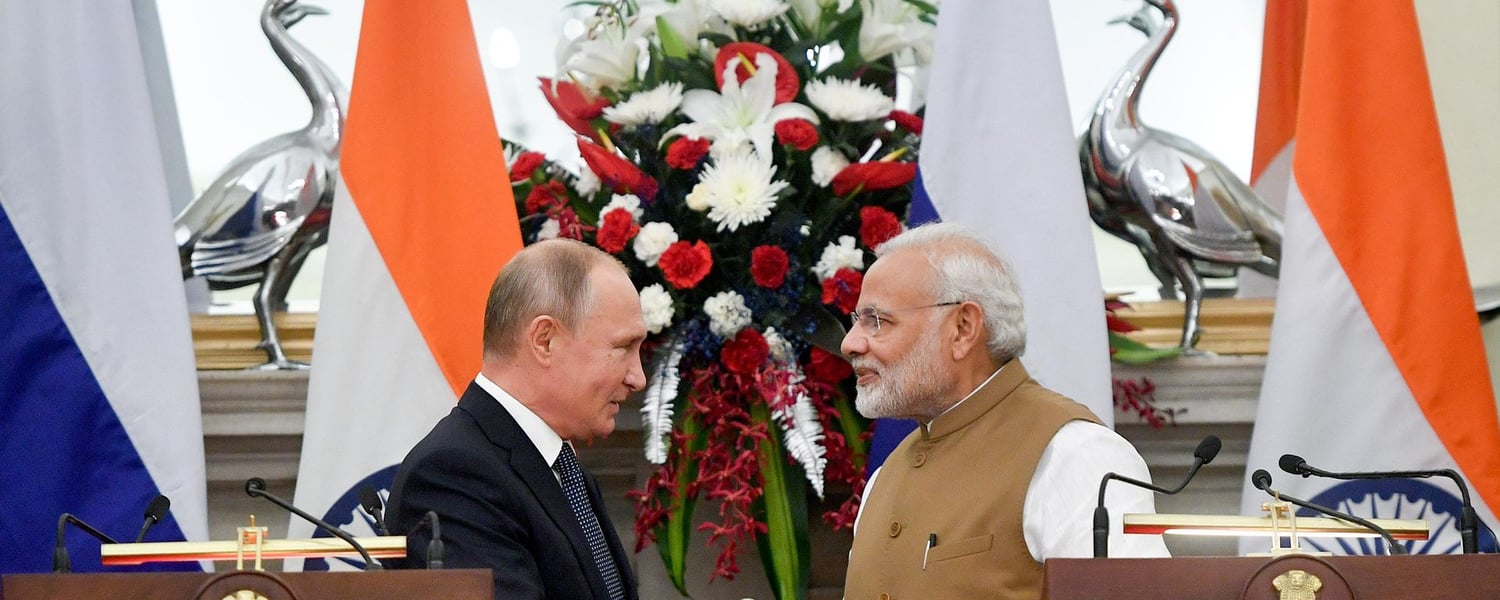 Vladimir Putin and Narendra Modi at a summit meeting in New Delhi, India
