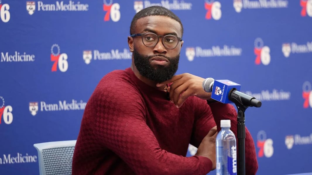 Jaylen Brown wearing Philadelphia 76ers jersey ahead of his debut season in 2026
