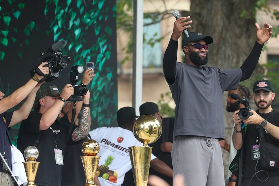 Jaylen Brown at farewell block party in Boston receiving the key to the city in 2026