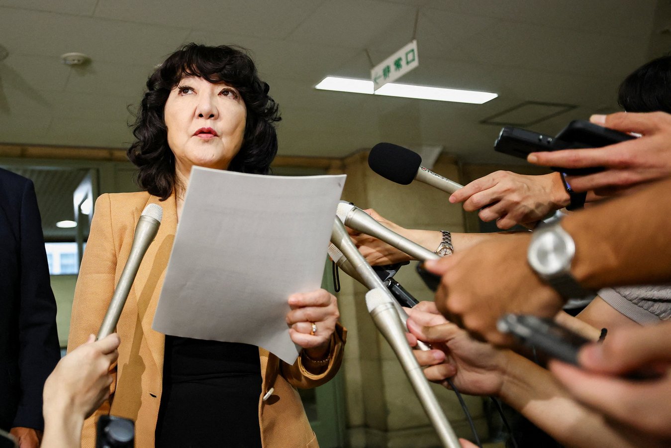 Japanese Finance Minister Satsuki Katayama speaks to media about the US-Japan joint yen intervention at the Finance Ministry in Tokyo