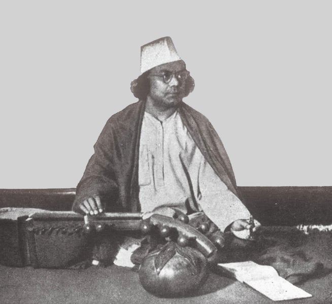 Kazi Nazrul Islam seated with a setar, the instrument he used composing Nazrul Sangeet
