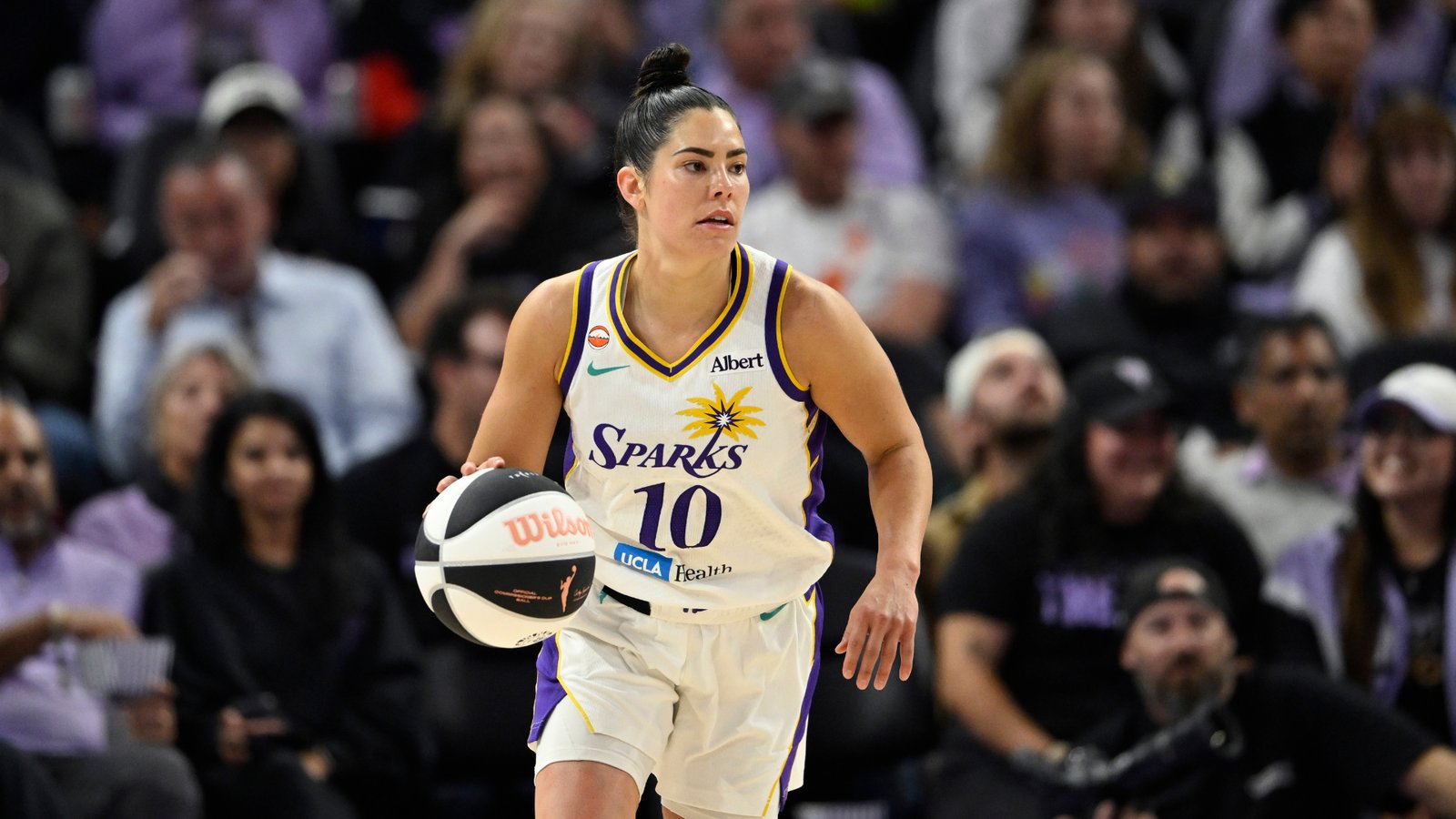 Kelsey Plum dribbling for the Los Angeles Sparks during the 2026 WNBA season