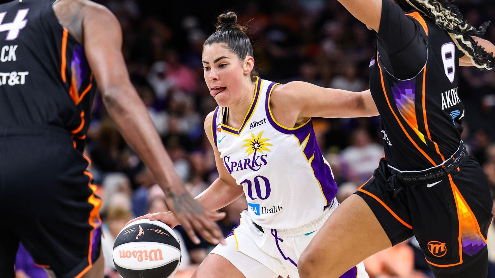 Kelsey Plum in Los Angeles Sparks uniform during 2026 WNBA season before trade to Phoenix Mercury