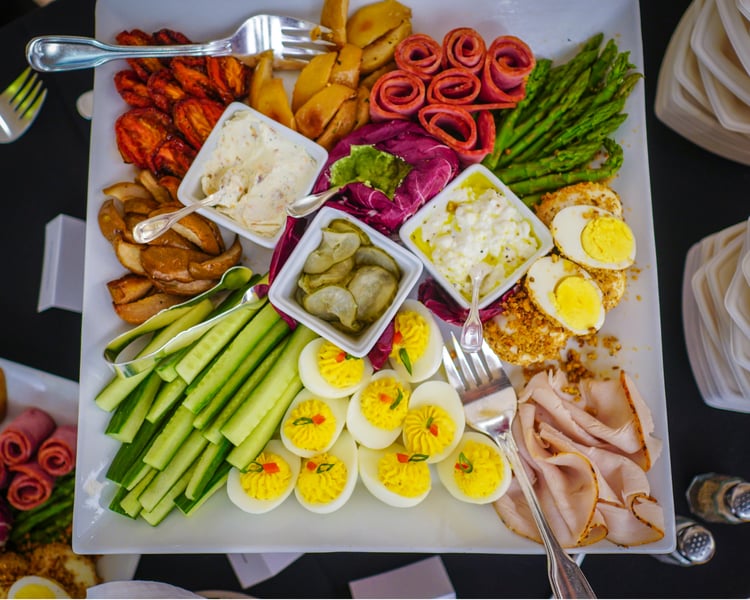 A ketogenic diet meal showing high-fat low-carb foods such as eggs, meat and avocado used in the WashU clinical trial comparing keto Mediterranean and low-fat diets