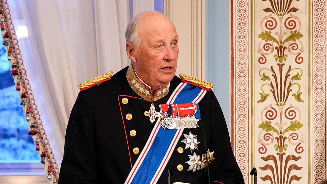 King Harald V of Norway in ceremonial uniform wearing the sash of the Order of St Olav