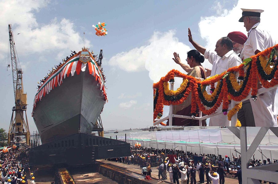 The launch of the Kolkata-class destroyer Chennai at Mazagon Docks in Mumbai in April 2010