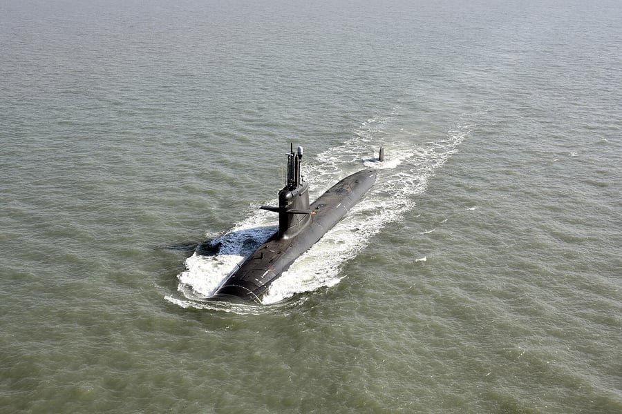 The Kalvari class submarine Vagir under way on its maiden sea trials, one of the boats built at Mazagon Dock in Mumbai