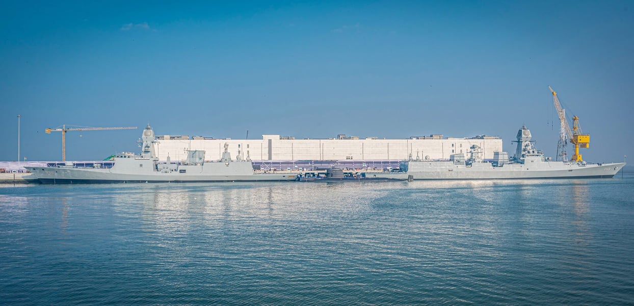 INS Nilgiri, INS Surat and INS Vagsheer at the Naval Dockyard in Mumbai on their commissioning day, two of them built by Mazagon Dock