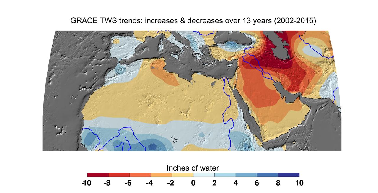 NASA GRACE satellite mission data showing the Middle East and North Africa region including Iran Iraq Syria and the Arabian Peninsula