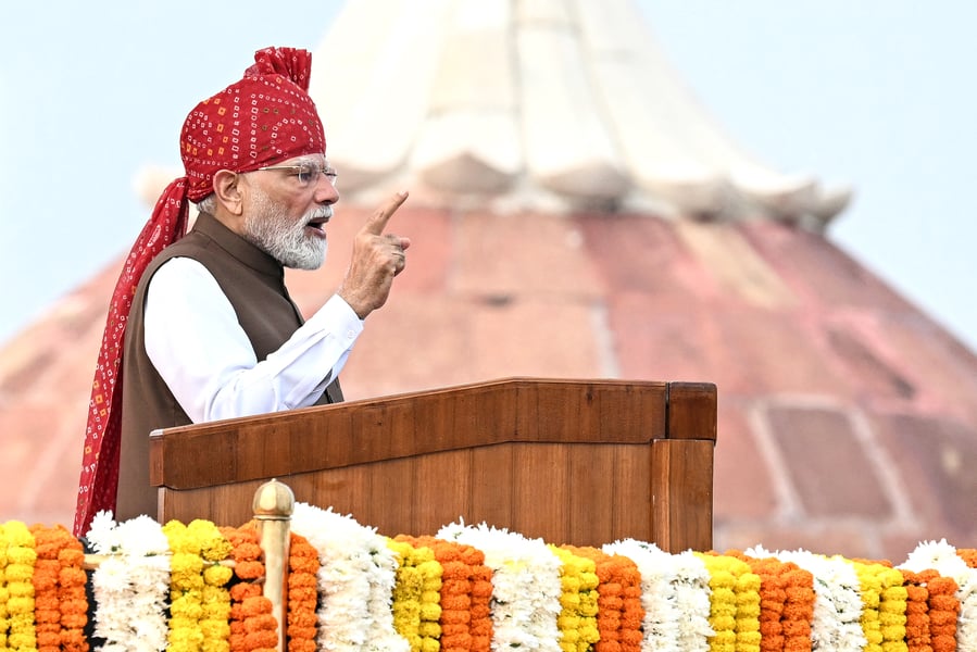 India's Prime Minister Narendra Modi addresses the nation from the ramparts of the Red Fort on Independence Day in New Delhi on August 15, 2026