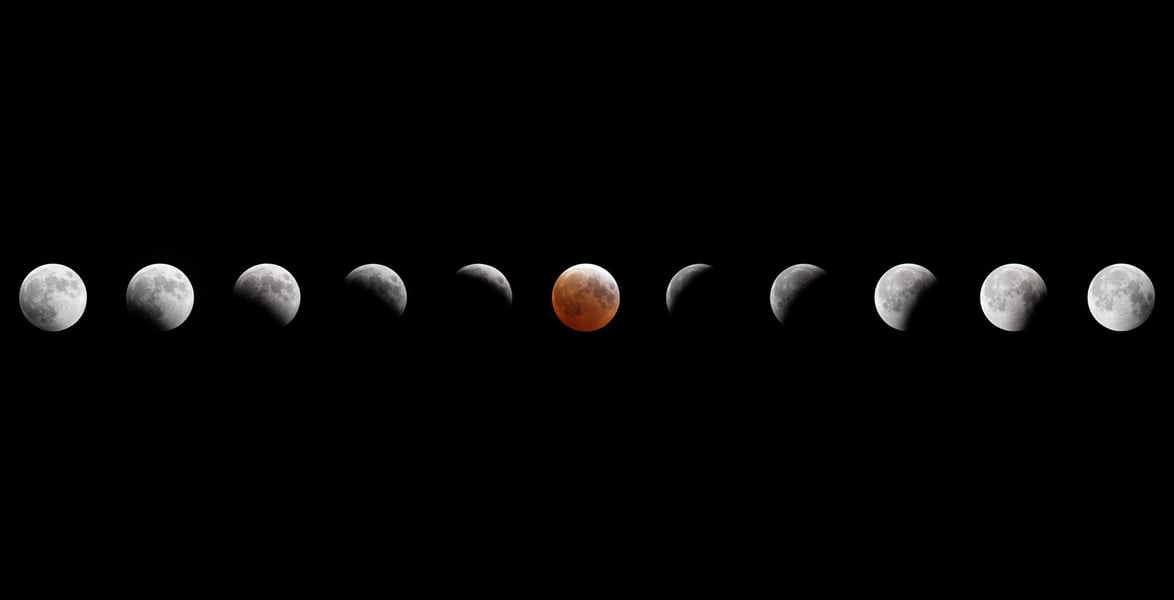 A composite showing eleven stages of a total lunar eclipse, from full disc through the coppery totality and back