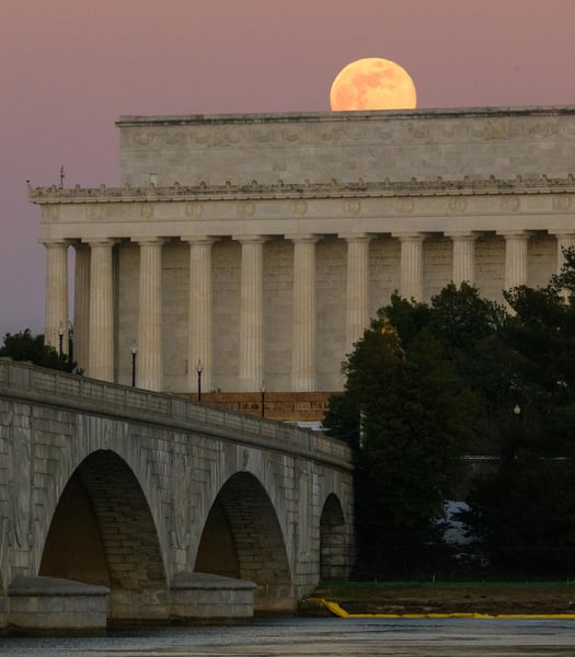 A full moon low on the horizon rising behind the Lincoln Memorial, showing how little altitude a low-declination moon gains