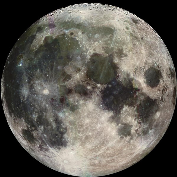 Colour-enhanced mosaic of the lunar near side showing the bright ray system radiating from Tycho crater