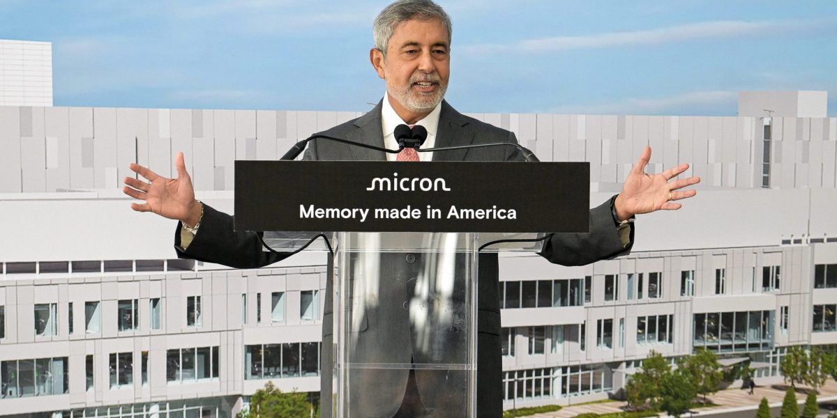 MU stock today: Micron president and chief executive Sanjay Mehrotra speaking at a Memory made in America company event