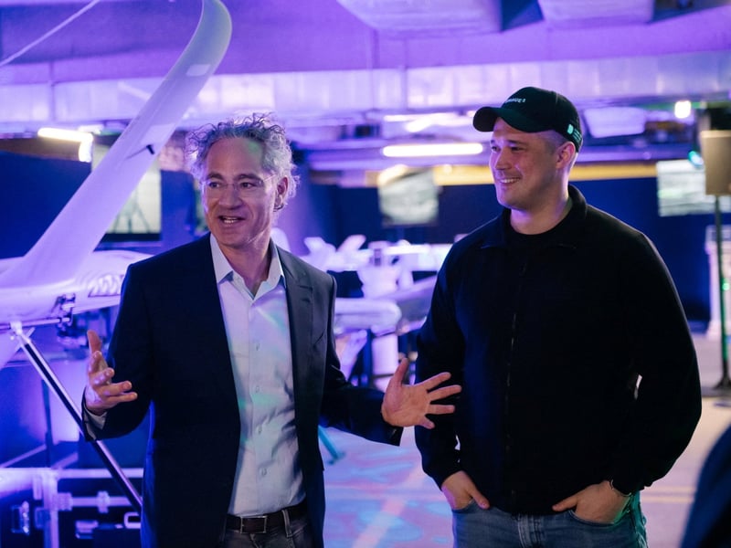 Mykhailo Fedorov, then Ukraine's defence minister, with Palantir chief executive Alex Karp at an exhibition of Ukrainian drones in Kyiv