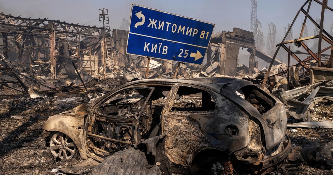 Damaged homes and debris in Myla village Bucha district near Kyiv after Russian drone strike on ammunition warehouse August 29 2026