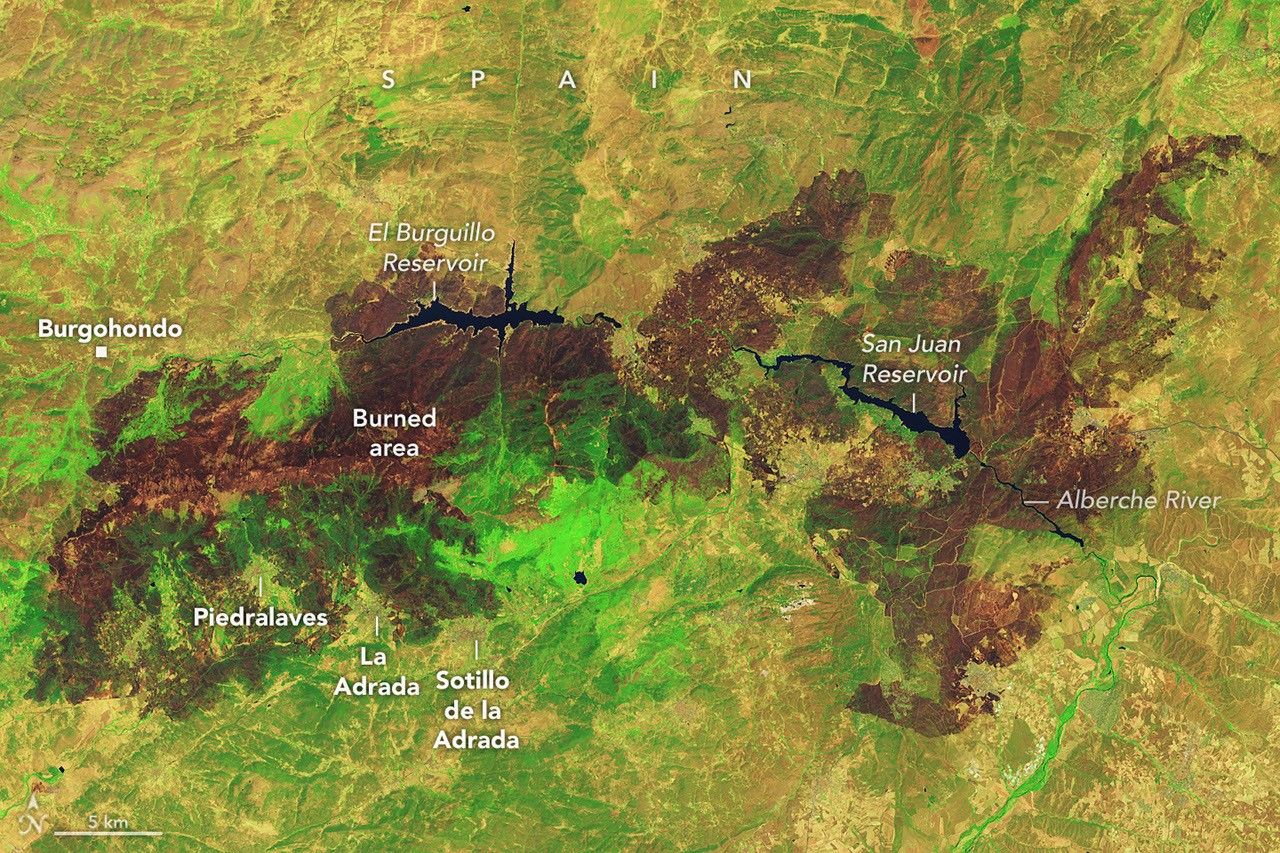 NASA Landsat 9 satellite false-color image showing brown burned terrain surrounding reservoirs in central Spain during the 2026 European wildfire season