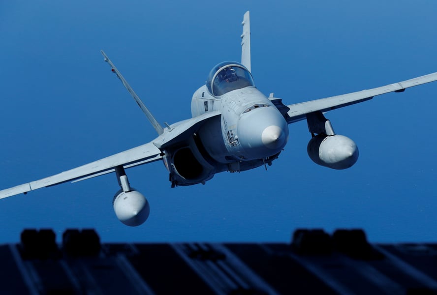 A NATO F-18 fighter jet on air policing duty, the type used to shoot down a drone over Romania's Galati region on August 16, 2026