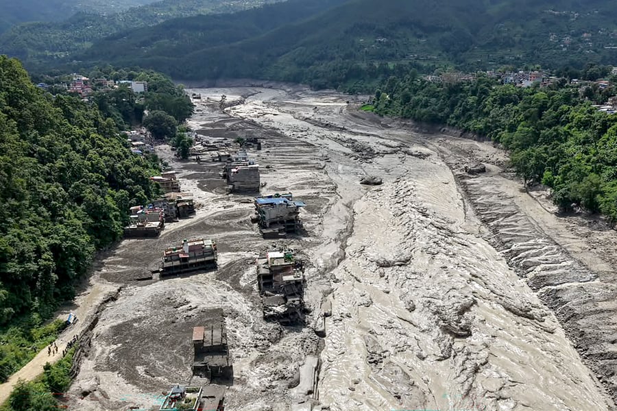 Flood damage in Nepal Himalayan region after glacier collapse near China-Nepal border August 2026