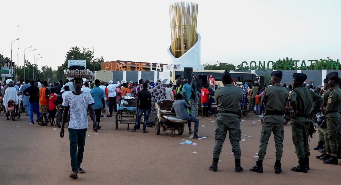 People gather at Place de la Concertation in Niamey following the soldier mutiny that struck the capital on Friday night