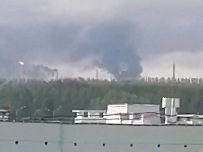 Smoke rises from an oil refinery in Nizhnekamsk, Russia, after what authorities said was a Ukrainian drone attack