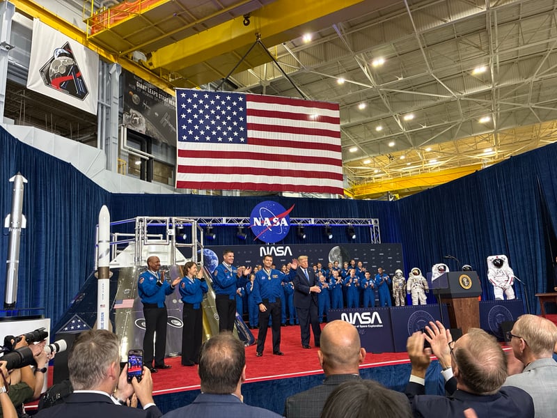 President Trump presents the Congressional Space Medal of Honor to Artemis II astronauts Reid Wiseman, Christina Koch, Victor Glover, and Jeremy Hansen at NASA Johnson Space Center in Houston