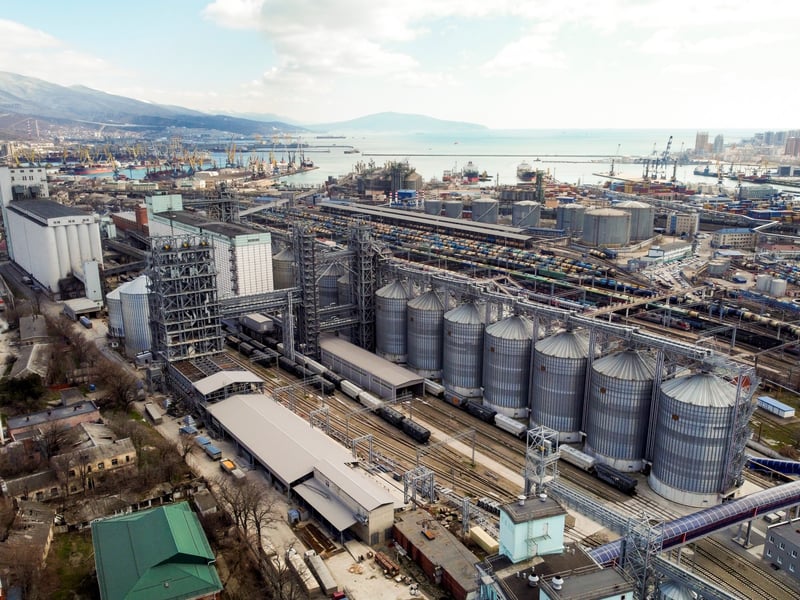 A grain terminal at the Russian Black Sea port of Novorossiysk, where several merchant vessels have been struck by drones