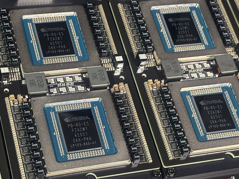 NVDA stock today: a close-up of Nvidia processors mounted on a circuit board, the AI accelerators behind the company 91 billion dollar quarter