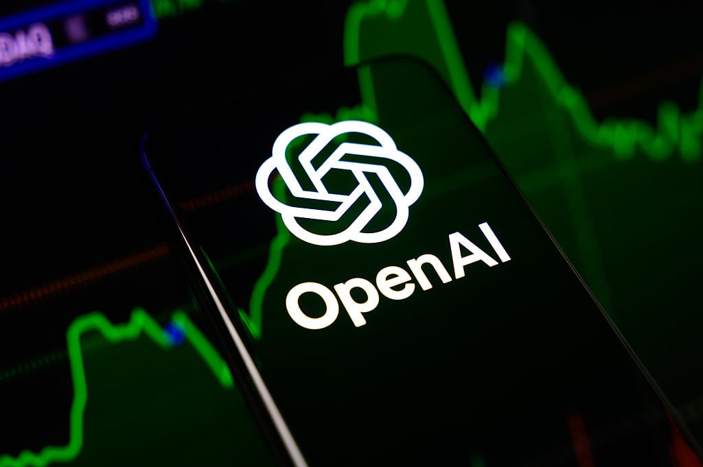 OpenAI logo displayed in green neon on a dark background