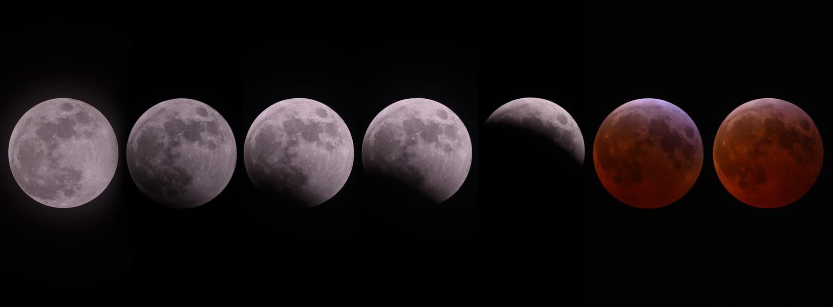 A composite of the stages of a lunar eclipse, from full moon through the partial umbral phase to totality