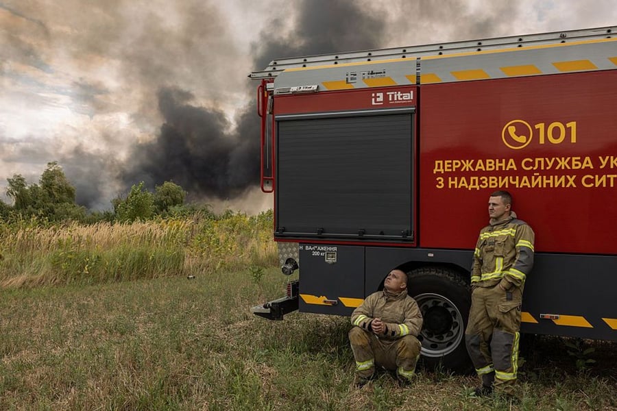Emergency services respond at transport logistics center struck by Russian drones near Kyiv Pirogovo 2026